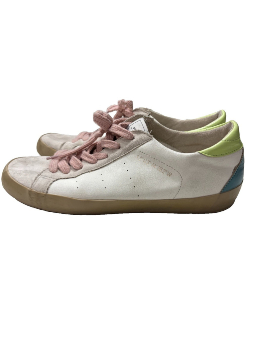 Corina Distressed Leather Suede Low Top Sneakers EU 39 White Pink Teal Green